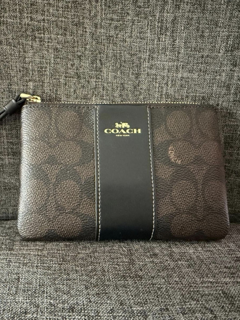 Coach Brown Signature Zip Wallet with Black Center Panel